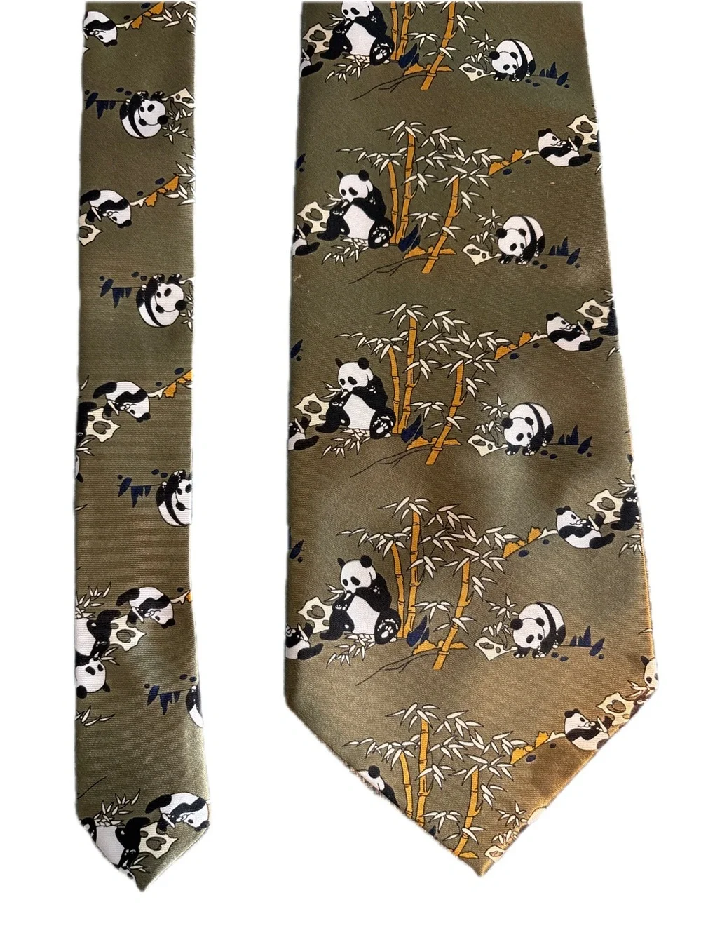 KAI LONG Goldish-Green with Small Pandas & Bamboo Hand Made 100% Silk